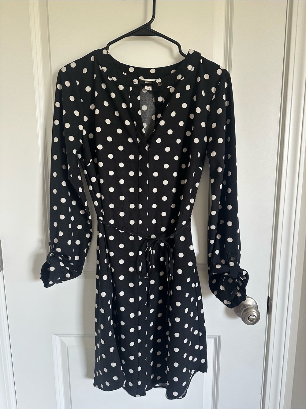 Merona Black and White Polka Dot Long Sleeve Tie-Waist Dress